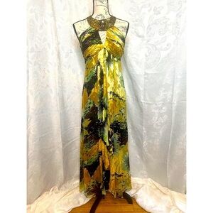 Size 10 Cachet silk, gold/green, jeweled, gown.
